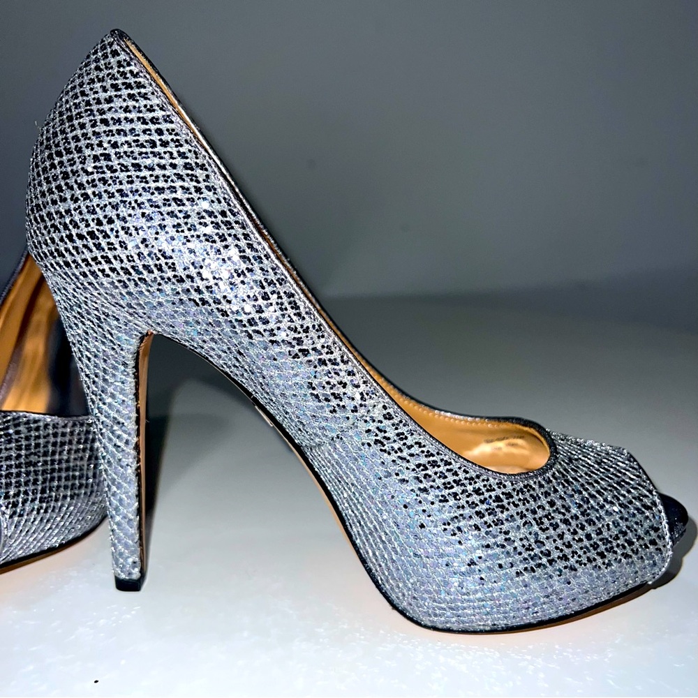 Badgley Mischa Silver Heels Sparkle Peep Toe 7 Leather Glitter Bridal